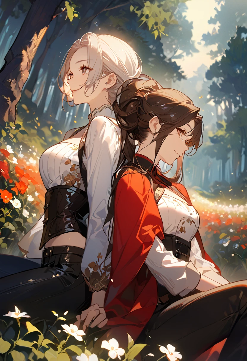 masterpiece, 2 female, back to back, backing each other, backing, dark brown hair, long hair, brown eyes, smiling gently, look away, white shirt, shirt by the shoulder, leather corset, black long pants, sitting, 1 female on the background, white long hair, black clothes with red cape, face slightly facing up, flower field, forest background, picture angle 45 degree from up side, 8k ,4k , best quality, high quality, masterpiece, embroidery clothes, big chest, all kind of hairstyle, inspired by Asukaziye artist : ask, art style : ask