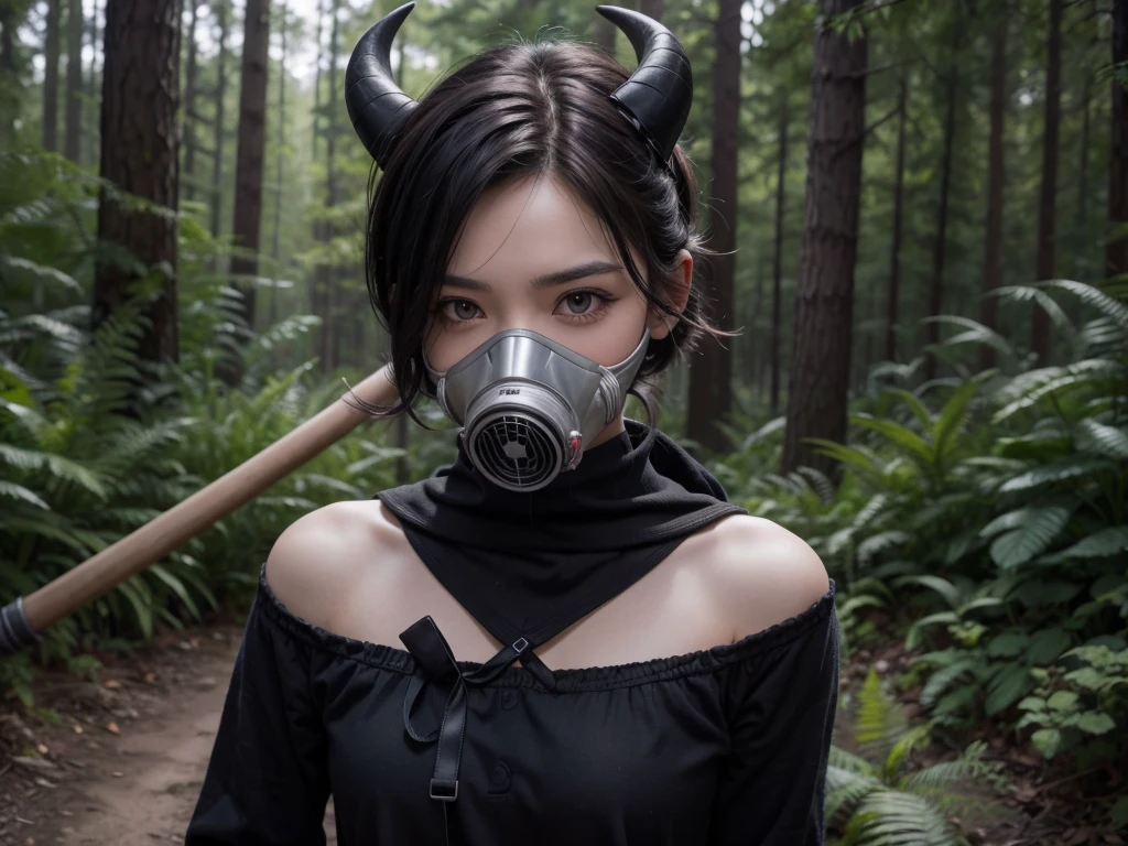 Short black hair maid, horns curved upwards, and gray eyes, with a gas mask that covers part of his face, his clothes are worn, with a scythe in his right hand, and she is in a forest in 4k