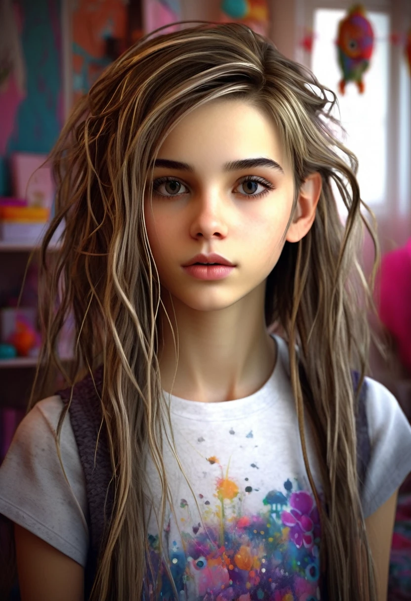 13 year old girl in her bedroom, with big toys ,skinny, slim, strange, Gentle, hair decoration , very detailed realistic texture, digital painting, very detailed photo