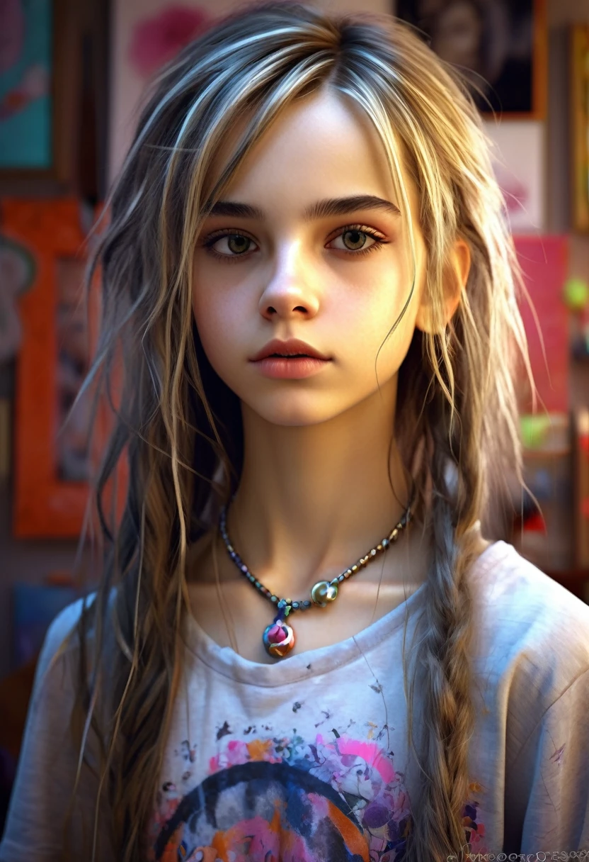 13 year old girl in her bedroom, with big toys ,skinny, slim, strange, Gentle, hair decoration , very detailed realistic texture, digital painting, very detailed photo