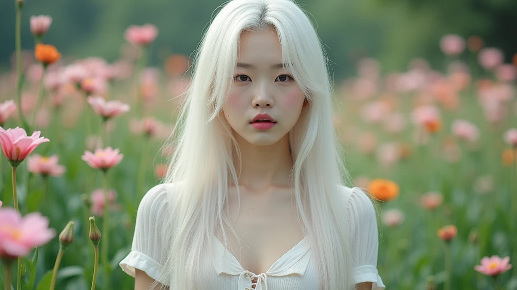 Long-haired, white-haired Korean woman, beautiful face showing her cleavage, wearing casual clothes in a flower garden. Surrealistic style, pastel tones, mid shot, dramatic lighting.