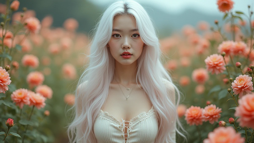 Long-haired, white-haired Korean woman, beautiful face showing her cleavage, full body , wearing casual clothes in a flower garden. Surrealistic style, pastel tones, mid shot, dramatic lighting.