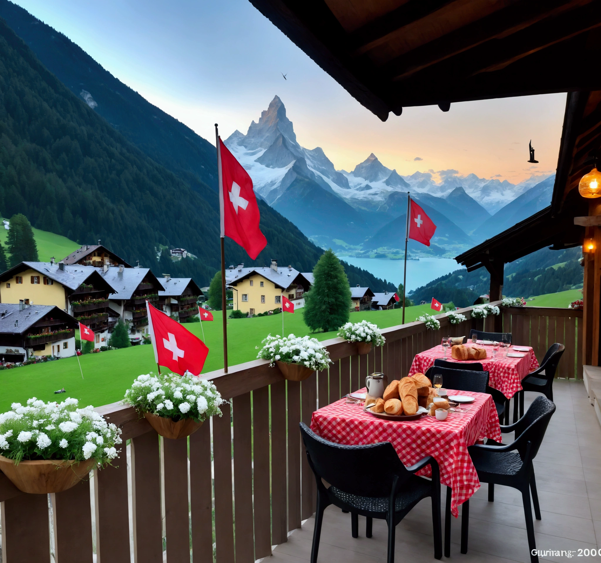 Time-lapse clouds dance across an azure Swiss sky, revealing a breathtaking Alpine panorama. Zoom in, From a sun-drenched balcony with small Swiss flags, witness snow-capped peaks, emerald valleys, and crystal lakes unfold. Swiss food fondue, bread and white wine on a rustic table in the foreground, Hyper-realistic style captures every detail—weathered wood, glistening dew, and distant cowbells echoing through crisp mountain air.