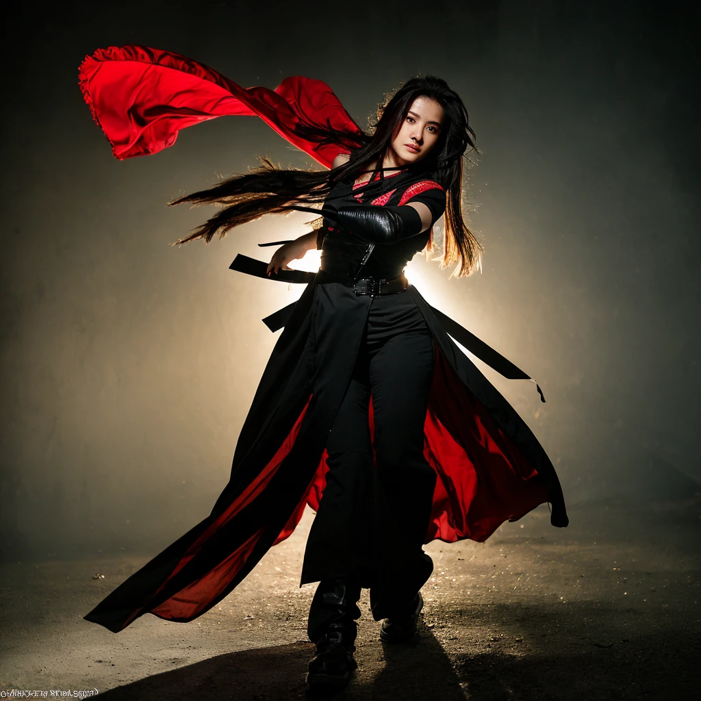 (Female Ninja: 1.3, Full body covering mechanism, Heavy AWP on your back, Digital SLR, Light Tracing, 3d, Concept Art, Action Painting, Cinema Lighting, Chiaroscuro) :(1.3). Accentuate the curves of your breasts, Long white ponytail hair looks elegant and attractive. Masterpiece in 8K resolution, (Murder and terror): 0.5, A long red scarf fluttering in the wind, With a war-torn city in the background.