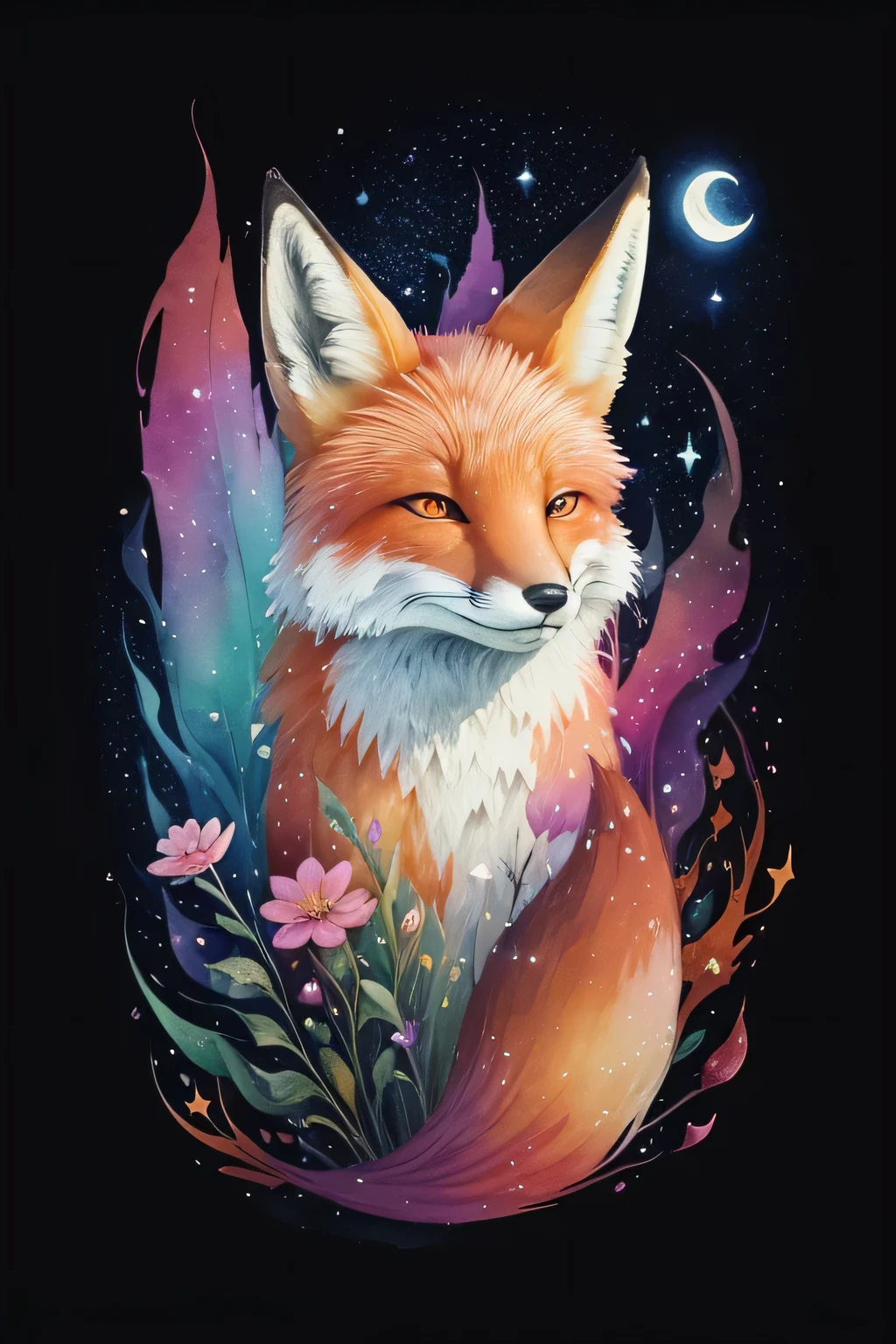 ((animal,watercolor painting,fox,Fox,Fox)),upper body only,Brilliant,colorful flower art, front view, action shot, Brilliant色, high detail, logo design, Neo-Traditional Tattoo Styles, 2D, planar vector, Character Design, fantasy art, watercolor paintingのテクニック,watercolor effect, Watercolor abstract,glitter effect,colorful, Gentle water droplets floating on the petals,star, moon,shine,digital painting, pop,fancy, sticker