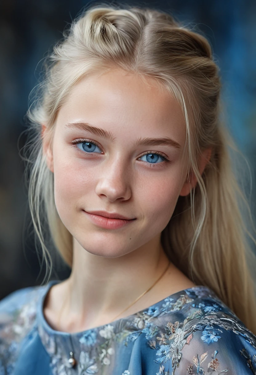 Portrait of a Norwegian beautiful teenager, small breasts, intricate dress, soft smile, natural lips, long blonde hair with shaved sides , blue-grey eyes, realism, digital painting, concept art, smooth, sharp focus, rule of thirds, Style-Psycho