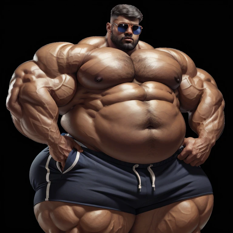 full blueberry inflation, a very handsome, massively large, shirtless young man wearing black shorts, mid fade haircut, sunglasses, massively muscular, massively large muscles, massively large biceps, massively large arms, massively large shoulders, massively large chest, massively large and massively muscular body, massively large bulge, massively large bump, on a black background