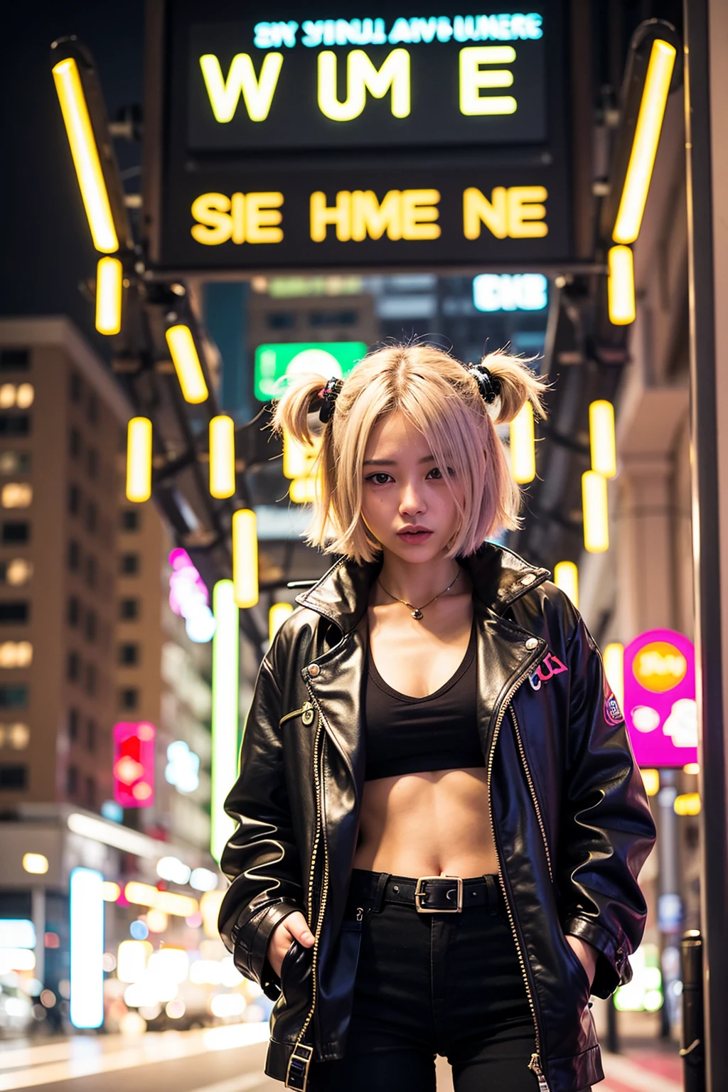 Top Quality, A futuristic young woman with short, metallic-colored hair, dressed in a cyberpunk outfit. She stands in a neon-lit cityscape, her look cool and mysterious, blending seamlessly with the high-tech environment.