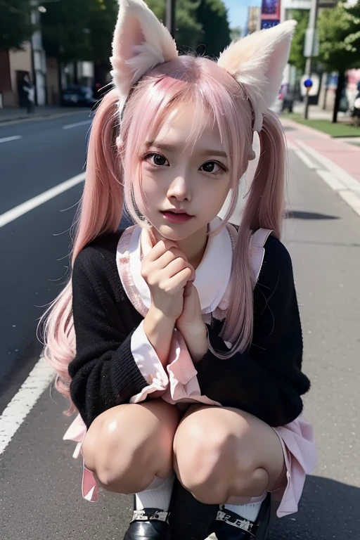 ,((Pink Hair))、((Pink Hair))、((Twin tails))、((Small fox ears))、((Highest quality、8k、masterpiece))、((Landmine Girl))Highest quality、Professional Writing、 Detailed workmanship、High resolution、(8k, High resolution:1.2)、(RAW Photos, Realistic:1.3)、masterpiece、Slim figure、High resolutionの顔、顔にピントが合っているone girl, (a beauty girl, delicate girl:1.3), (************, change:1.3),
break, Browsing Caution, (school uniform, Seraphim, panties:1.3),
break, Definition of very fine particles, (Symmetrical eyes:1.3),
break, (Squat:1.3), (Street view:1.3),
break, Small breasts, Brown eyes, Parted bangs, Brown Hair,  girl,
break, (Eye and facial details:1.0),
break, (masterpiece, Highest quality, Very detailed, Detailed face, 8k)