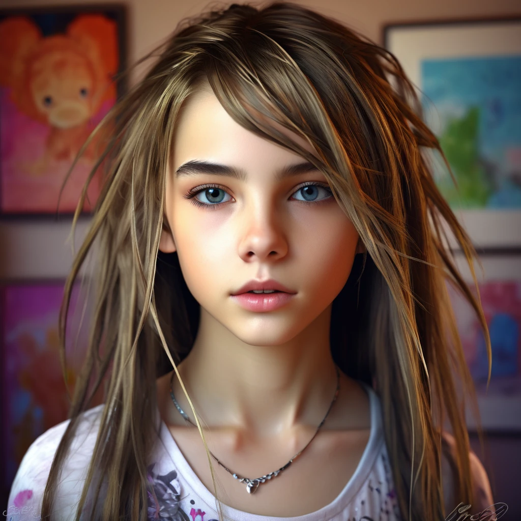 13 year old girl in her bedroom, with big toys ,skinny, slim, strange, Gentle, hair decoration , very detailed realistic texture, digital painting, very detailed photo