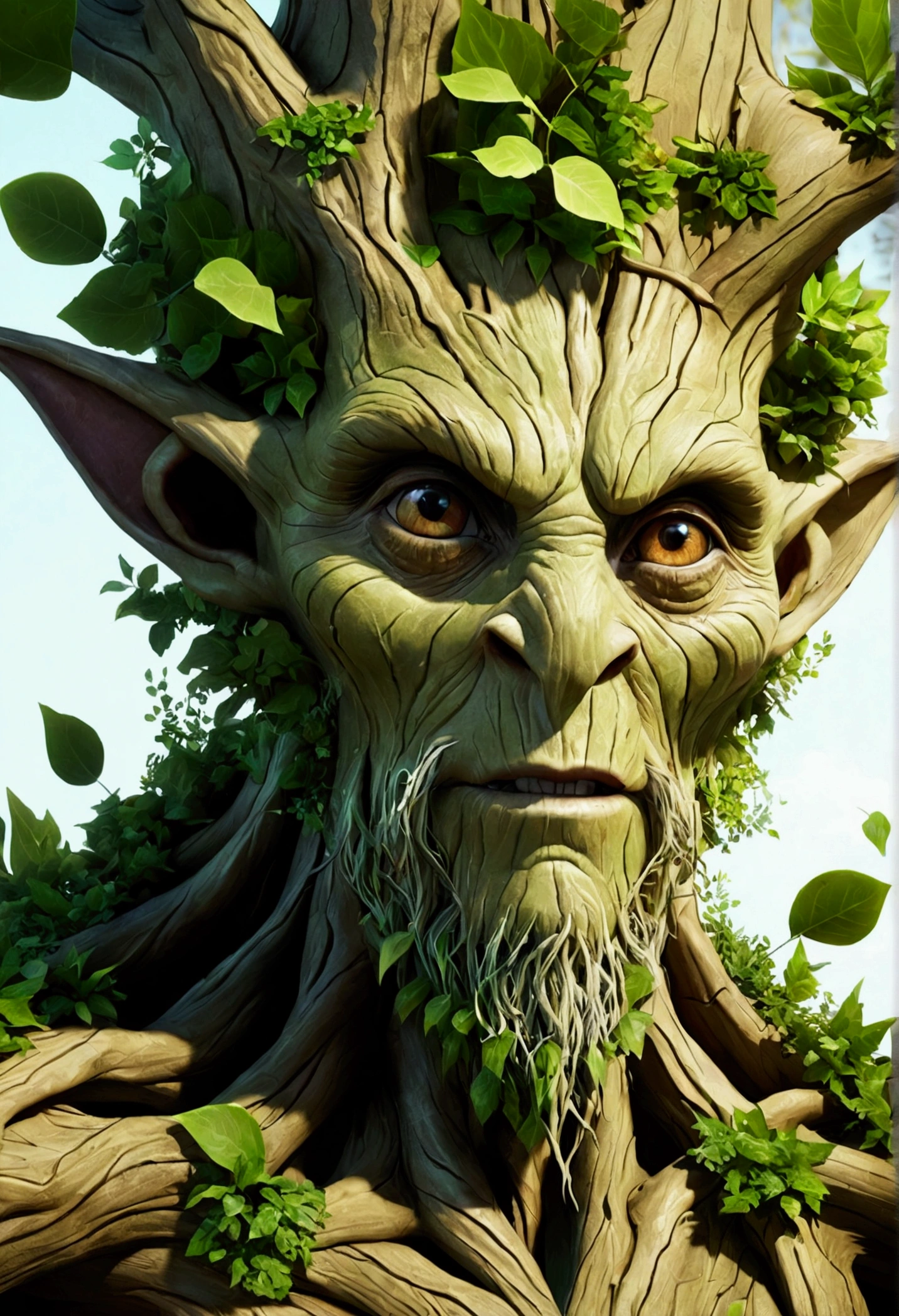 1 Dryad,Cartoon tree close-up,There is a face on it, treant, but rather a, ent treant dryad, the trees are angry, Evil Tree Elves, Groot, character art of maple story,leafy branches,Lots of branches, oak tree ent, plant monster, tree druid, of the tree, treebeard, entity, Jane wood art style, plant monster, Mobile game art(Masterpiece, Best quality, Ultra-detailed, Best Illustration:1.4),(See-through:15)(refractions,Reflection:1.2) , sitting