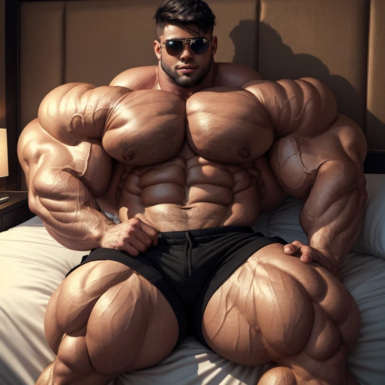 a very handsome young man, massively large, shirtless wearing black shorts, mid fade haircut, sunglasses, massively muscular, massively large muscles, massively large biceps, massively large arms, massively large shoulders, massively large chest, massively large and massively muscular body, massively large bulge, massively large bump, sitting on a bed leaning against the headboard of the bed