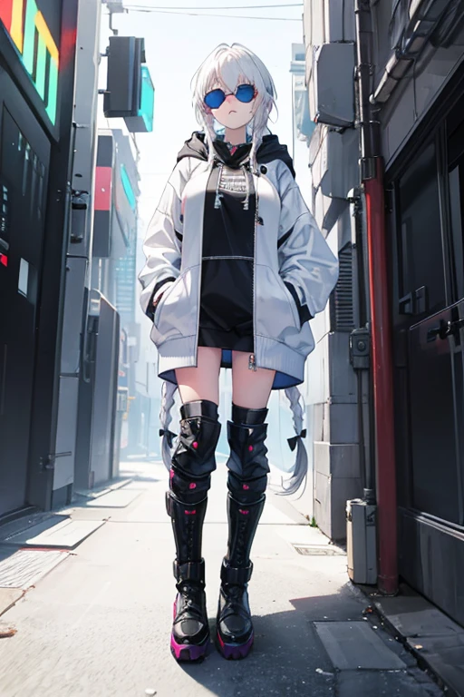 Highest quality,One girl,Standing girl,cyber punk,White Hair,Long braids,Two braids,Big Breasts,Put on a hoodie,Black boots,Wearing sunglasses