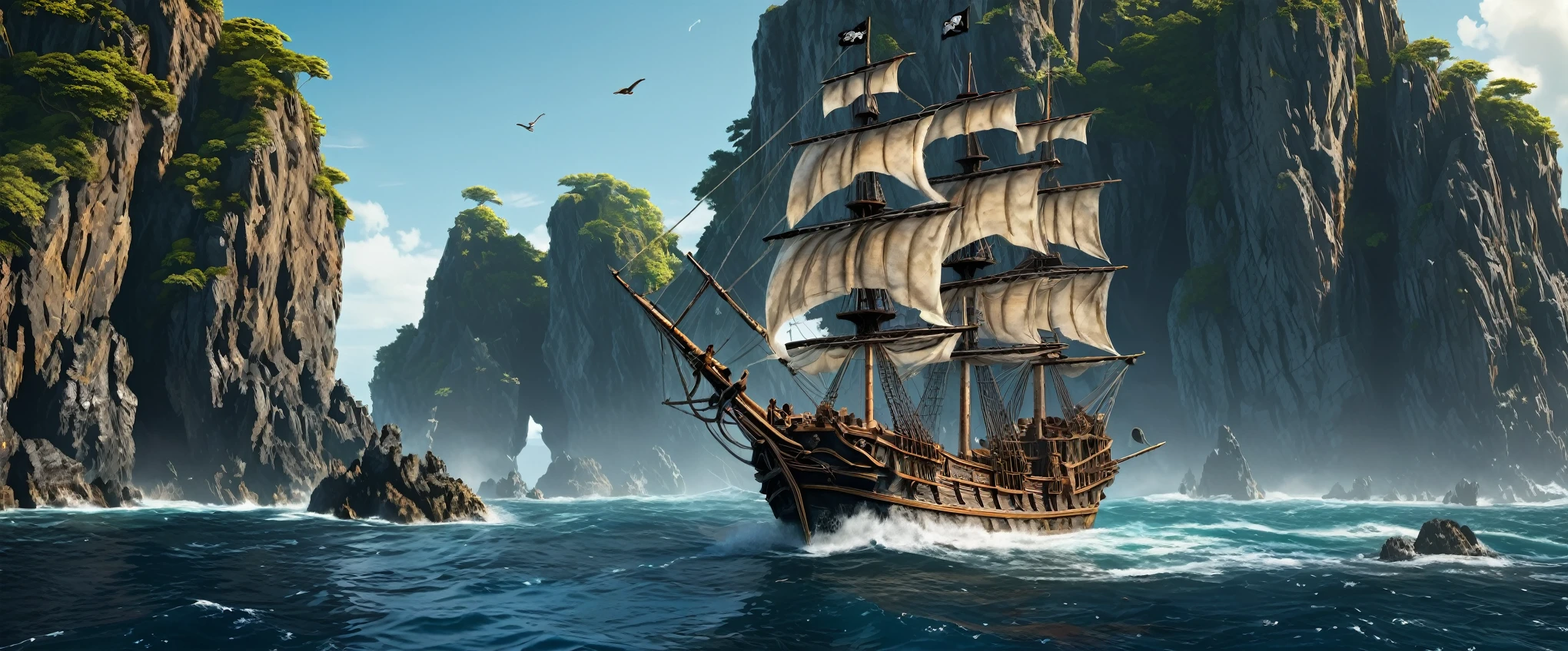pirate ship sailing in the ocean near a rocky island, 4k highly detailed digital art, sailing ship, amazing wallpaper, ships with sails, old pirate ship, detailed painting 4 k, sailing ships, 8k high quality detailed art, ships with sails underneath, on a pirate ship background, 4 k hd wallpaper very detailed, 4k detailed digital art, pirate ship