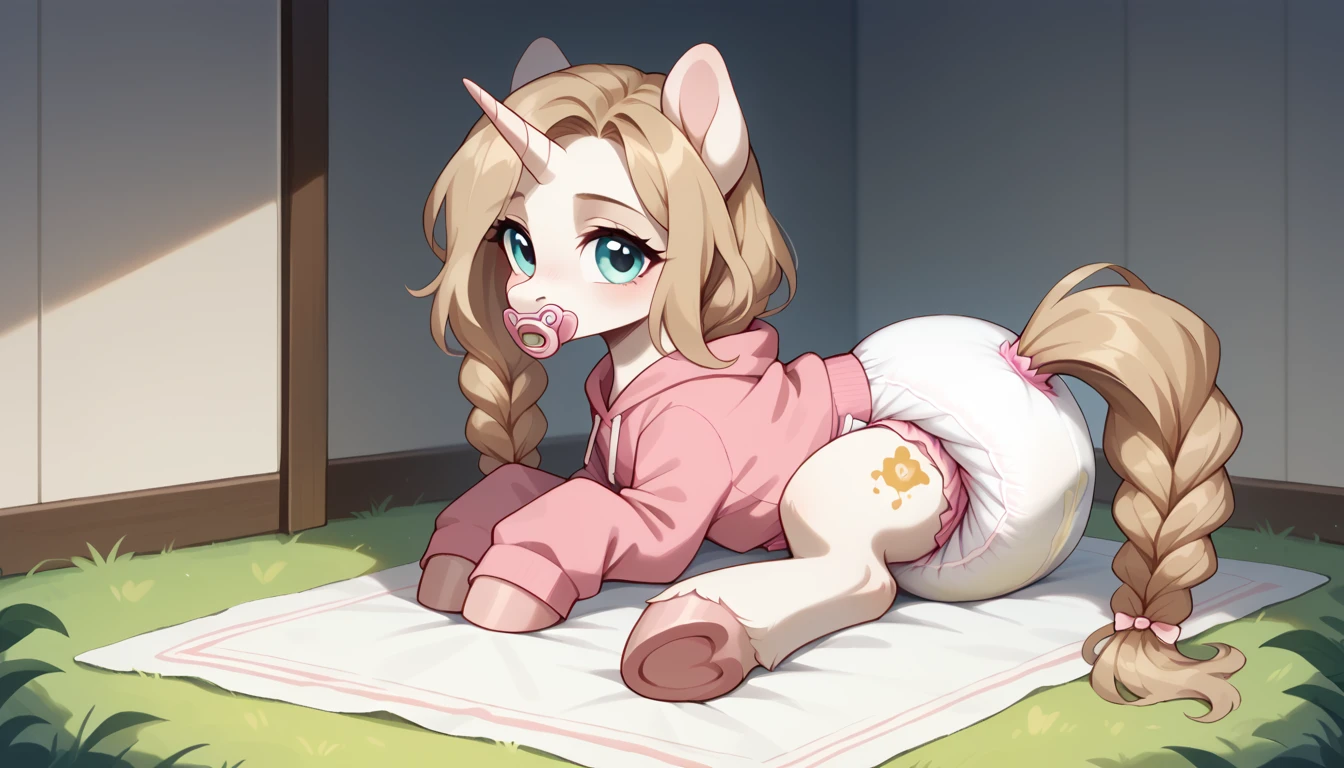 pony, light caramel unicorn, adult mare, plum eyes, lush mane braided into a braid, lush tail, sitting in the room on a soft play mat, dressed in bright pink onesie and pink booties, a pink pacifier in her mouth, solo, a thick light pink diaper under her clothes, bulge on the back of the diaper, between the hind hooves and on the front of the diaper, sagging diaper.