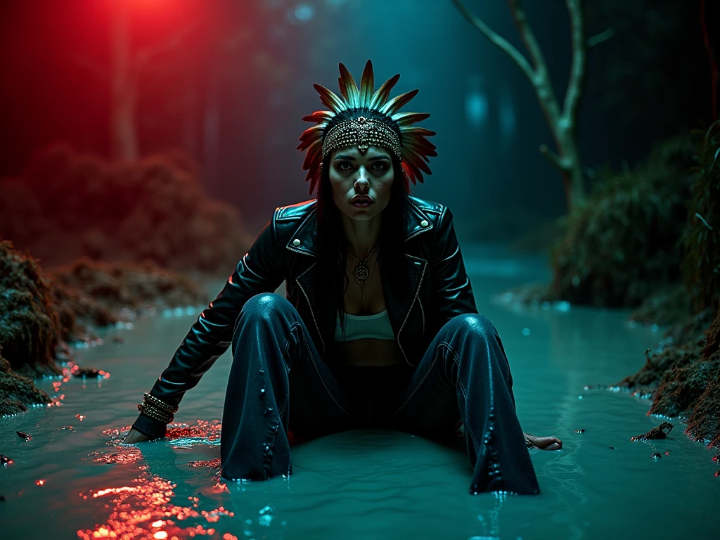 a woman in high heels and raw fabric jeans and t-shirt and biker jacket, drowning in bog, extremely detailed, victim of ritual, sexy posing, seductive posing for photoshoot, wearing a beautiful headdress and traditional indigenous makeup, red, green, blue, 1 girl, realistic, photorealistic, photo-realistic:1.37, best quality,4k,8k,highres,masterpiece:1.2,ultra-detailed,HDR,UHD,studio lighting,ultra-fine painting,sharp focus,physically-based rendering,extreme detail description,professional,vivid colors,bokeh, back