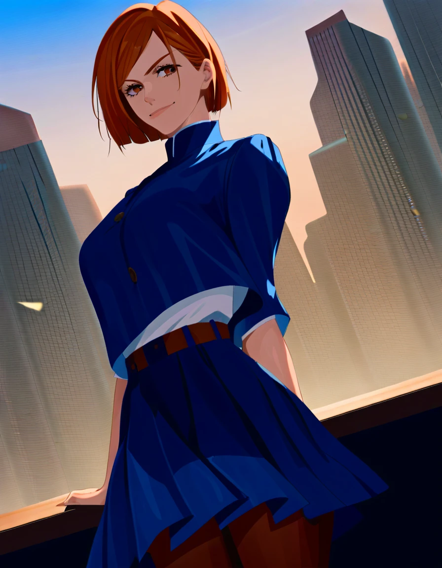 score_9, score_8_up, score_7_up, source_anime,
nobarakugisaki, nobara kugisaki, bob cut, brown eyes, brown hair, lips, short hair,
belt, brown belt, brown pantyhose, pleated skirt, skirt, blue skirt, blue crop top,
outdoors, cityscape, sexy stance, smirk,
looking at viewer, cowboy shot, dutch angle, naked, medium breasts, nude