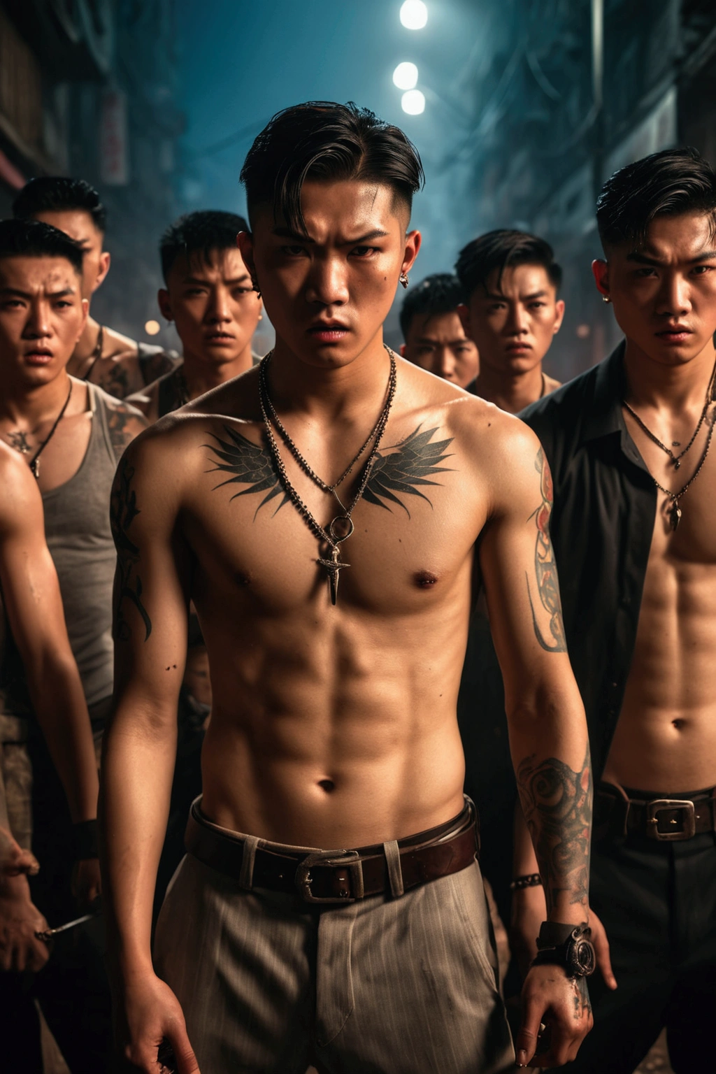 Photo of a group of extremely handsome, -yeld, mular, tattooed, necklace-wearing, high-tailed young men, street scene, gangster style, romance, Hong Kong cinema, knives, guns, spears, clubs. Their eyes are filled with sadness and longing. The background is a trail of blood and violence. Cinematic lighting, high detail, 8k, artstation, conceptual art, dark fantasy. Photo taken with a Canon EOS R5 85mm f/11 camera, ((sharp)) mode of people and surroundings. Image quality ((8K)), ((realistic)), ((masterpiece)), ((sharpest and highest contrast)), ((excellent depth of field)), ((stereoscopic lighting)). ((angry, ferocious)), detailed pores, ((Direct facial lighting)), bright sunlight.