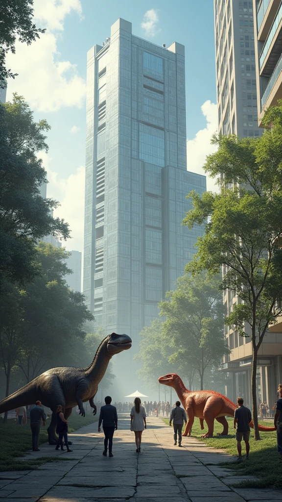 Show a modern city facing unique challenges and opportunities from coexisting with dinosaurs. Include innovative designs, like reinforced structures, and interactions between humans and dinosaurs