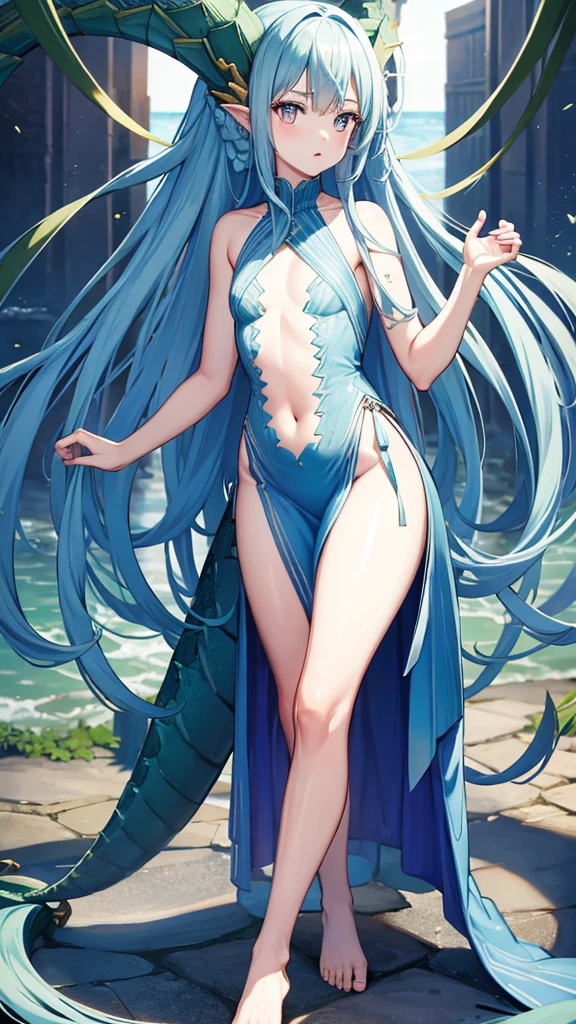 blue hair, god，Blue Dragon Horn，,The body has green dragon scales,small dress，Blue Dragon Tail，thigh,barefoot，Standing，ocean