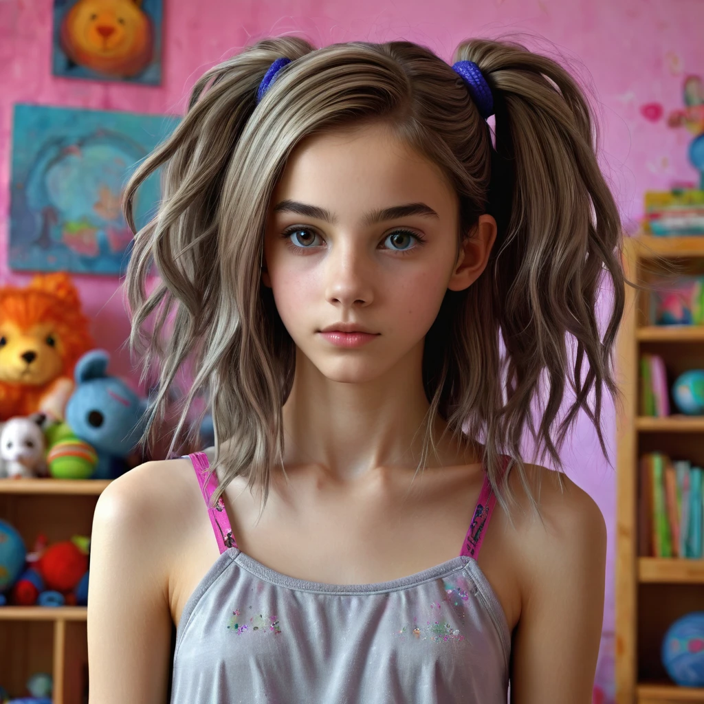 13 year old girl in her bedroom, with big toys ,skinny, slim, strange, Gentle, hair decoration , very detailed realistic texture, digital painting, very detailed photo