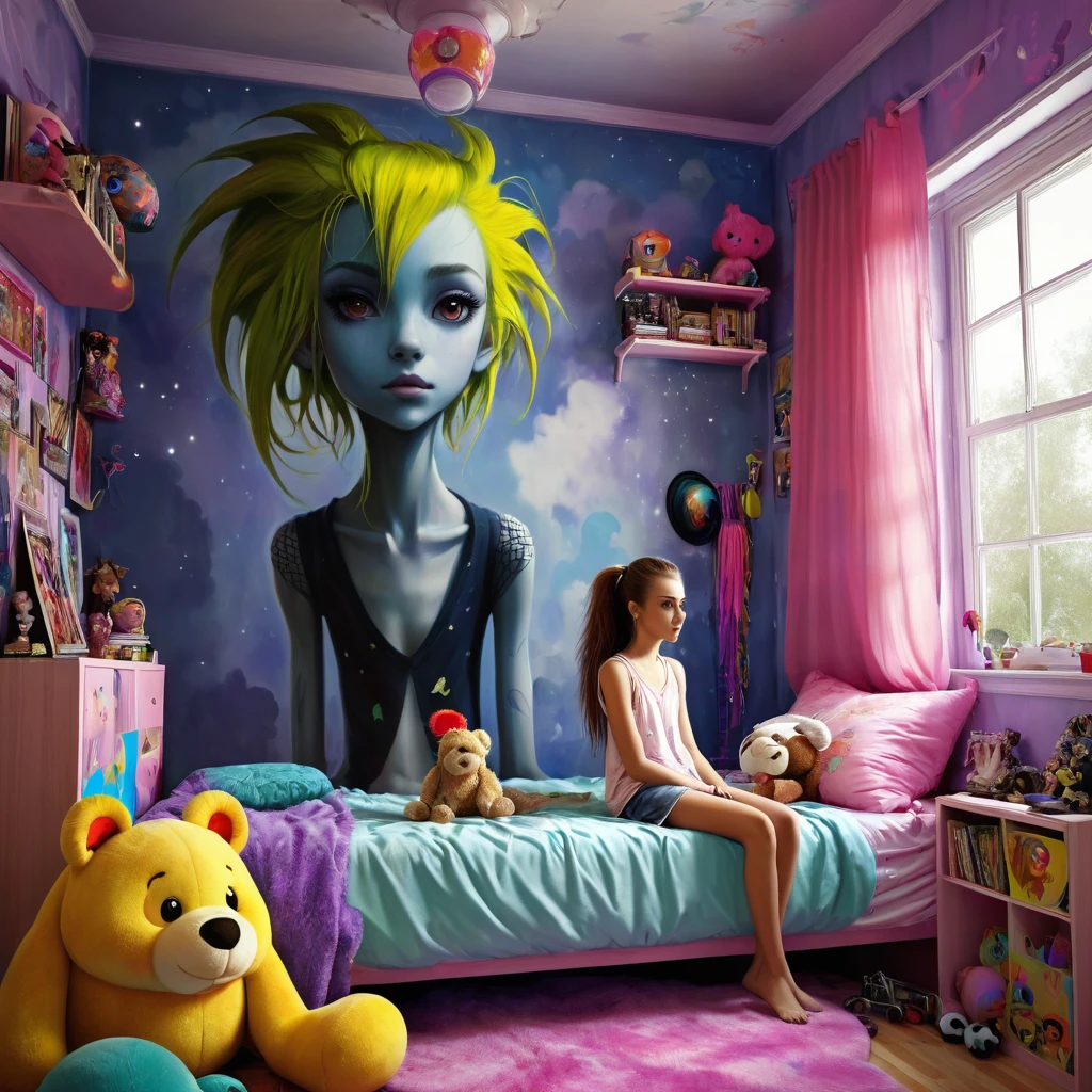 13 year old girl in her bedroom, with big toys ,skinny, slim, strange, Gentle, hair decoration , very detailed realistic texture, digital painting, very detailed photo