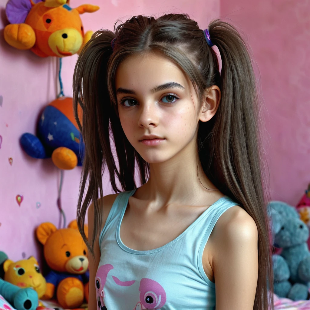 13 year old girl in her bedroom, with big toys ,skinny, slim, strange, Gentle, hair decoration , very detailed realistic texture, digital painting, very detailed photo