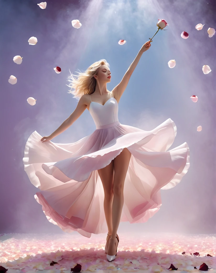 unique, full height, graceful figure, beautiful two legs, beautiful shoes, fast dance pose, blonde, beautiful face with expressive eyes, light white tones, fluffy short skirt made of white rose petals, Esbian Full Body, blue-lilac background, daylight, Efeito de Luz, minimalist, Sun, pure tenderness, soft lighting, Realism, woman, who dances on a super-giant rose petal (petals made of thin, soft voile fabric, full background of flowing transparent pink petals, soaring single rose flower in hand - long stem above head, huge giant rose above her head, Smoke effect, fog, mixed with burgundy peony petals), ((ss-through)), masterpiece, atmospheric perspective, 8k, super detailing, accuracy, Best quality,