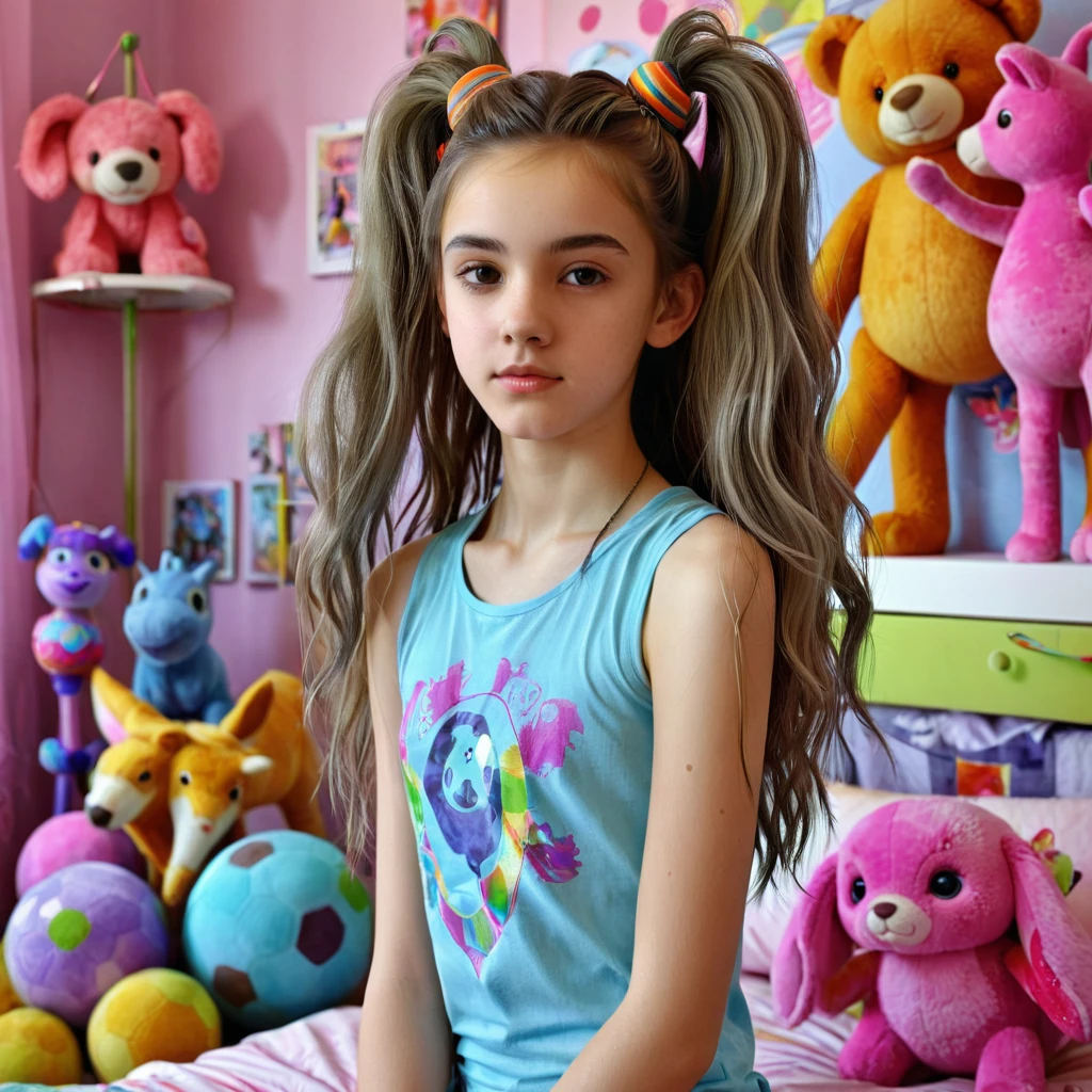 13 year old girl in her bedroom, with big toys ,skinny, slim, strange, Gentle, hair decoration , very detailed realistic texture, digital painting, very detailed photo