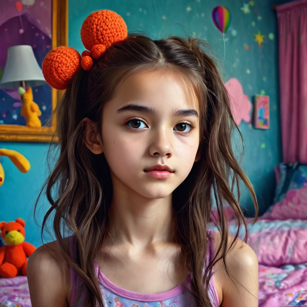 13 year old girl in her bedroom, with big toys ,skinny, slim, strange, Gentle, hair decoration , very detailed realistic texture, digital painting, very detailed photo, full body shot 