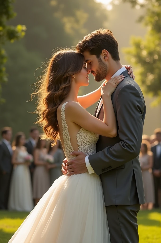beautiful woman wearing a white wedding dress, handsome man, people in background, detailed faces, photorealistic, 8k, high quality, cinematic lighting, intricate details, elegant, romantic, ethereal, soft colors, warm tones, glowing skin, flowing hair, tender moment, intimate, loving couple, candid, natural poses, serene atmosphere, picturesque setting, lush greenery, out of focus background, stunning composition