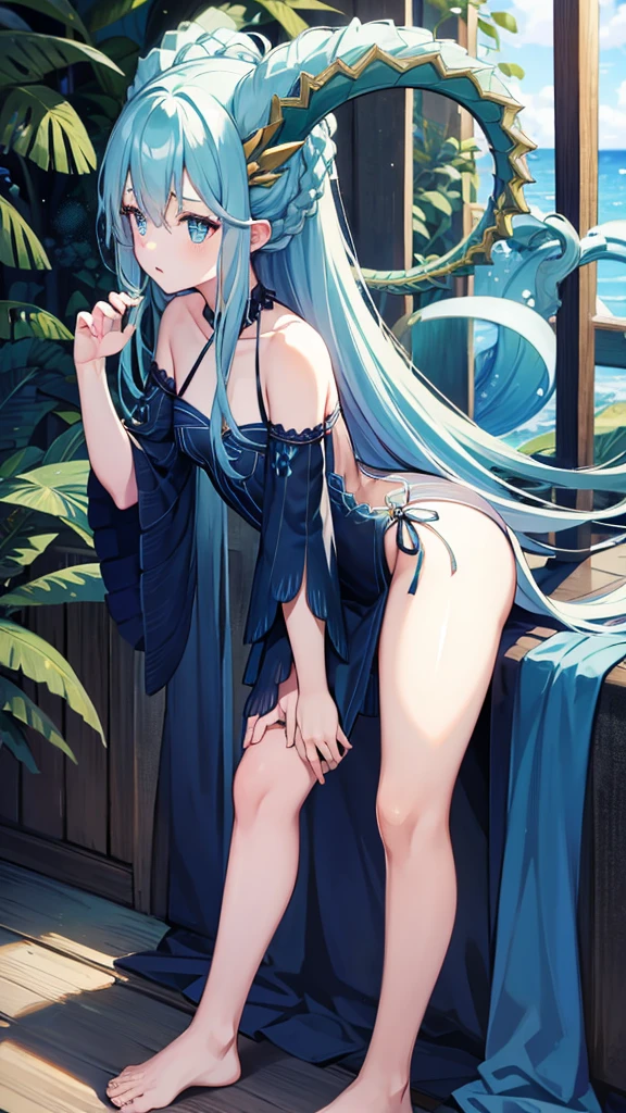 blue hair, god，Blue Dragon Horn，,The body has green dragon scales,small dress，Blue Dragon Tail，thigh,barefoot，Standing，ocean