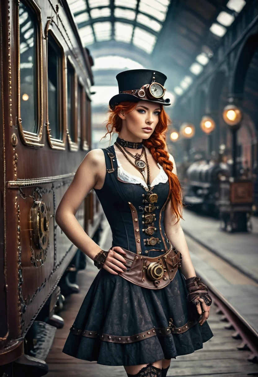 (Realisttic:1.2), analog photo style, Beautiful woman, posing, with freckles and long ginger hair braided, (steampunk dark fantasy atmosphere), soft natural light, cute and sexy, great quality, wear a cute Strampunkdress and looks at you, steampunkroom, Masterpiece, detailed strange background, better performance, 16k quality, HDR, RAW photo, Steampunk Train Station, Steampunk Train