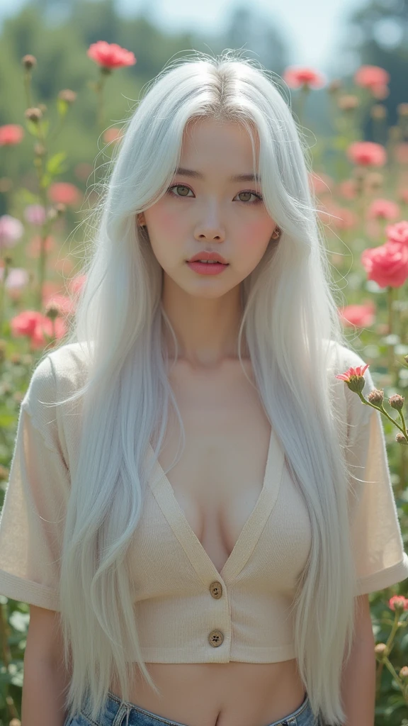 Long-haired, white-haired Korean woman, beautiful face showing her cleavage, full body , wearing casual clothes in a flower garden. Surrealistic style, pastel tones , dramatic lighting.