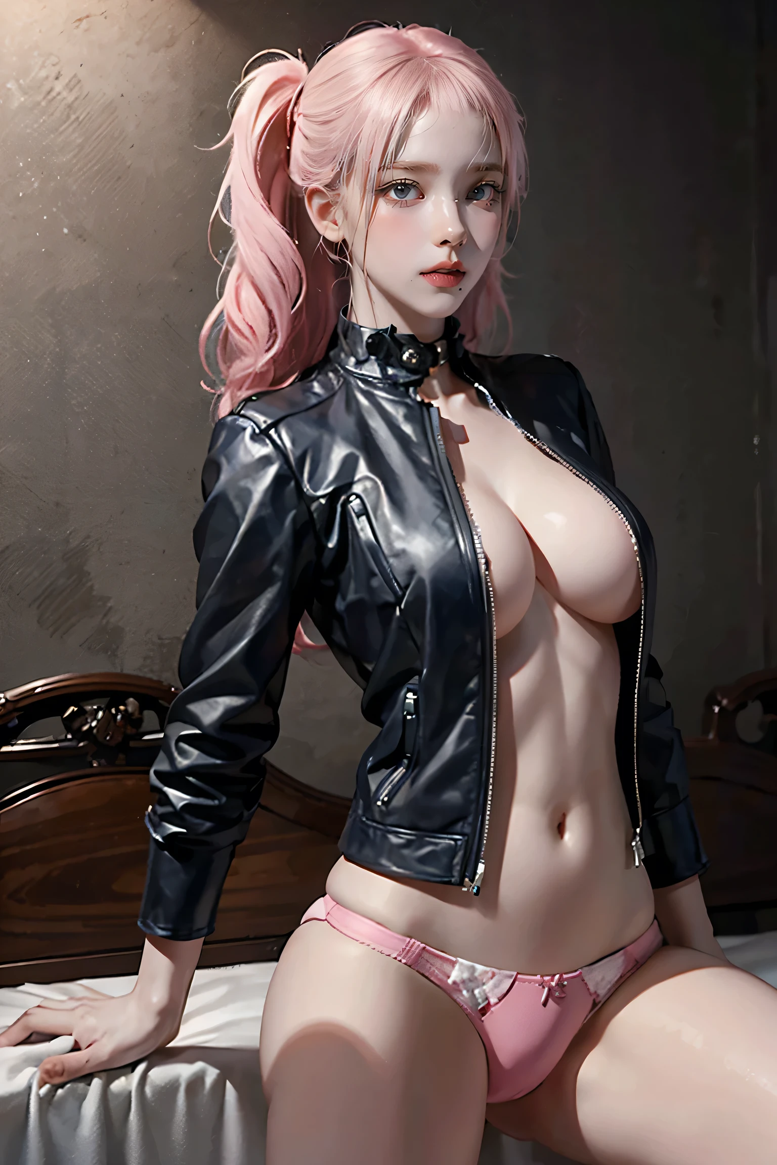 (NSFW:1.2),(((Highest quality: 1.4))),(An unparalleled masterpiece), (Ultra-high resolution),(Ultra-realistic 8K CG), Official Art,(((Large Breasts))), (((Adult body))), (((Girl in a sexual position))), , Punk girl with a perfect body, Metallic spine jacket,Beautiful and well-groomed face,,Detailed punk fashion,leather jacket, (Head to thigh image),(( Pink Hair, Long Hair )), small leather panties, Simon Bisley'Urban Brutalist Style,London detailed street background,Beautiful Abs, Complex graphics, Deep pink and white stars、Grey and white striped poison tattoo )),