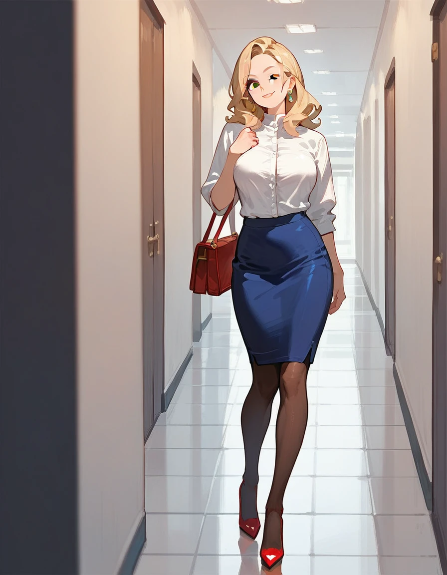 (score_9,score_8_up,score_7_up),1woman,solo,source_anime,mature,big sister,middle age,blonde hair,green eyes, white shirt, pantyhose, (blue skirt:1.2), pencil skirt, red stiletto heels, naughty expression, wink, view from side, walking in a hallway, looking at viewer, looking to the side