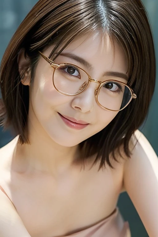 (RAW Photos), (Photorealistic), (masterpiece), (Highest quality), High resolution, 8k, (Intricate details), (Light and voluminous), woman, 30 years old, short hair, Layered Hair, Straight hair , Very beautiful eyes, Source Sequence, Very fine skin, Very beautiful mouth, Very nice nose, Cute like an idol, smile, (Thick lips), Looking into the camera、((Glasses、Upper body naked、Nipples))、Upper body naked、Nipples))



