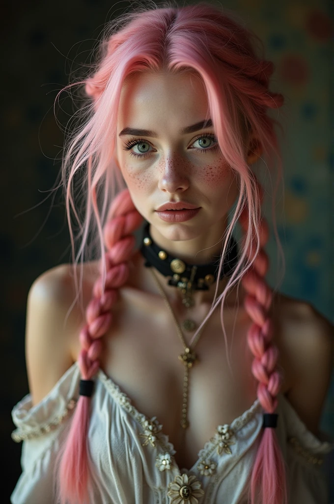 (Realisttic:1.2), analog photo style, Beautiful young woman, posing, with freckles and long pink hair braided, (steampunk dark fantasy atmosphere), soft natural light, cute and sexy, great quality, Masterpiece, detailed strange background, better performance, 16k quality, RAW photo
