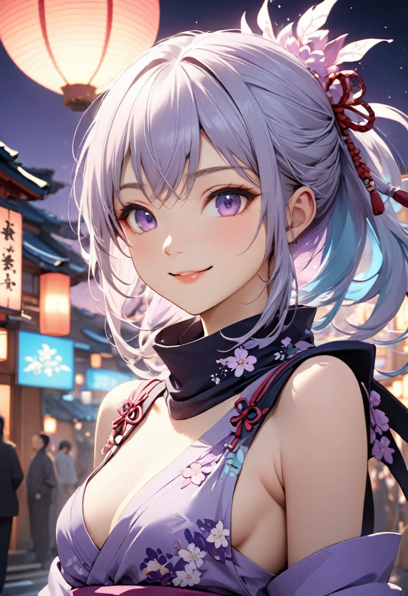 Highest quality, Highest quality, 16K, Unbelievably absurd, Very detailed, 2.5D, delicate and dynamic,pale,Cool colors,A Kind World,evening,Fantasy,One Girl,18-year-old,purple,Ninja,Japanese culture,sexy,smile,Cute,Upper Body