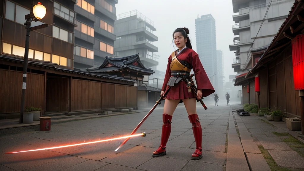 Female samurai, japanese woman, long black hair, standing in dystopian future city, Short Mini Skirt, , sandals, holding red glowing katana, Long Red Boots, camera is set at the ground, ant view, exhausted, wide-angle view, bottom to top camera angle,