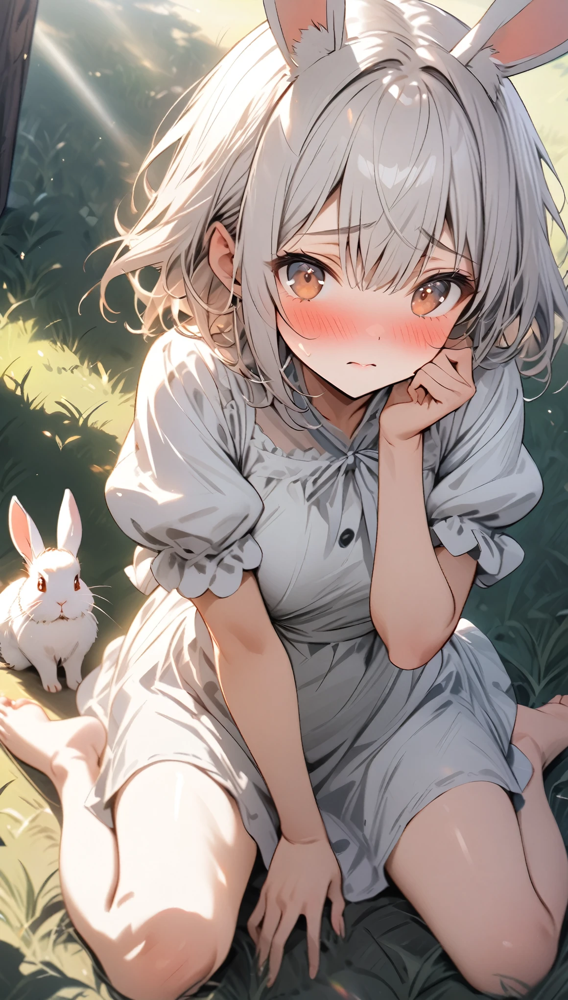 ((masterpiece, best quality)),1 girl, alone, animal ears, rabbit, barefoot, skirt, sitting, rabbit ears, short sleeves, (tease, Shy, blush: 1.3), looking at the audience, Grass, short hair, white hair, puff sleeves, outdoor, fluffy short sleeves, Bangs, on the ground, whole body, animal, white dress, Sunlight, brown eyes, mottled Sunlight, daytime,