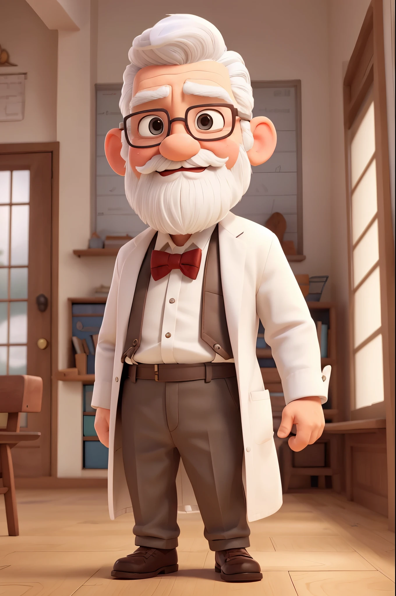 arms raised, little man, 70 years old, has white hair, white mustache, white bearded, teacher, wears a white coat and bow tie, wear glasses, hold a ruler