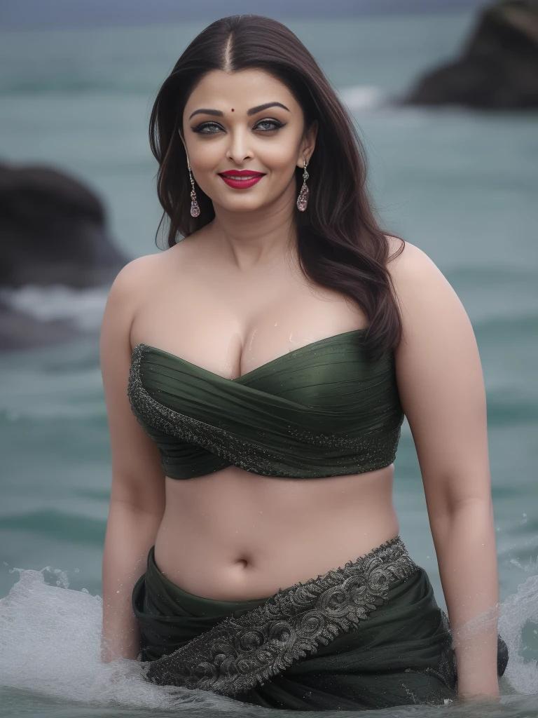 Full body photo of y 42 year old busshwarya Rai Bachchan ,black eyes ,red lipstick , deep cleavage tail hair, , look at viewer and laughing (cinematic:1.3), intricate details, (ArtStation:1.2), wearing green see through skirt drenched in sea water with her wet hair and water flowing all along her Body, her clothes are wet and sticking to her body, navel seen, full body and legs seen