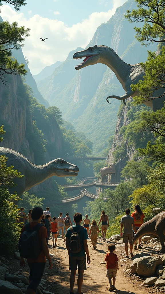 Visualize a bustling tourism industry with people visiting dinosaurs in their natural habitats. Include guided tours, observation decks, and safety measures to showcase the excitement and adventure."
