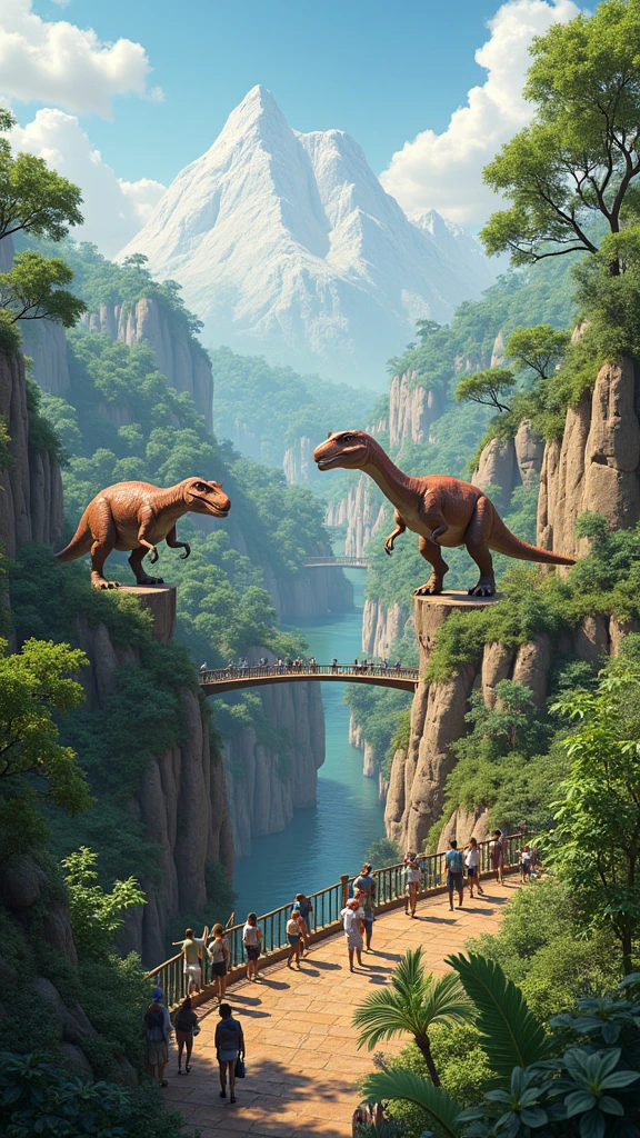 Visualize a bustling tourism industry with people visiting dinosaurs in their natural habitats. Include guided tours, observation decks, and safety measures to showcase the excitement and adventure."