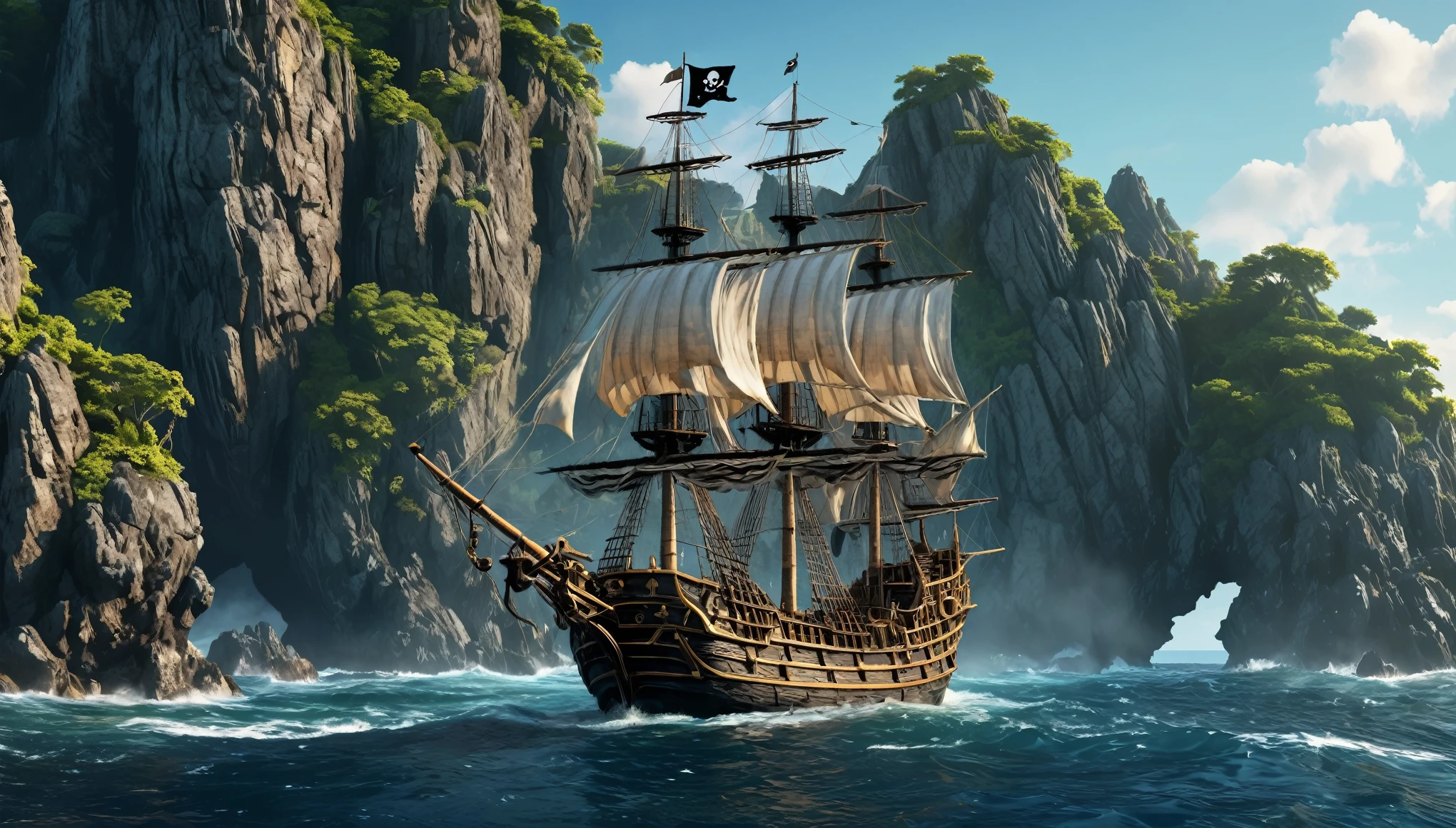 pirate ship sailing in the ocean near a rocky island, 4k highly detailed digital art, sailing ship, amazing wallpaper, ships with sails, old pirate ship, detailed painting 4 k, sailing ships, 8k high quality detailed art, ships with sails underneath, on a pirate ship background, 4 k hd wallpaper very detailed, 4k detailed digital art, pirate ship