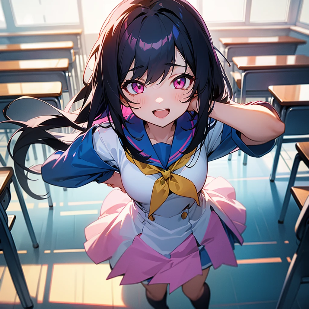 2D style,Girl,From above,Chest to head,Focus on the face,looking at the camera,Look up here,smile,Open your mouth,Hair Ribbon,Long Hair,uniform,セーラー服タイプのuniform姿,Are standing,Leaning forward,School,classroom,blue sky,sunny、Black Hair、A girl with pink eyes, 