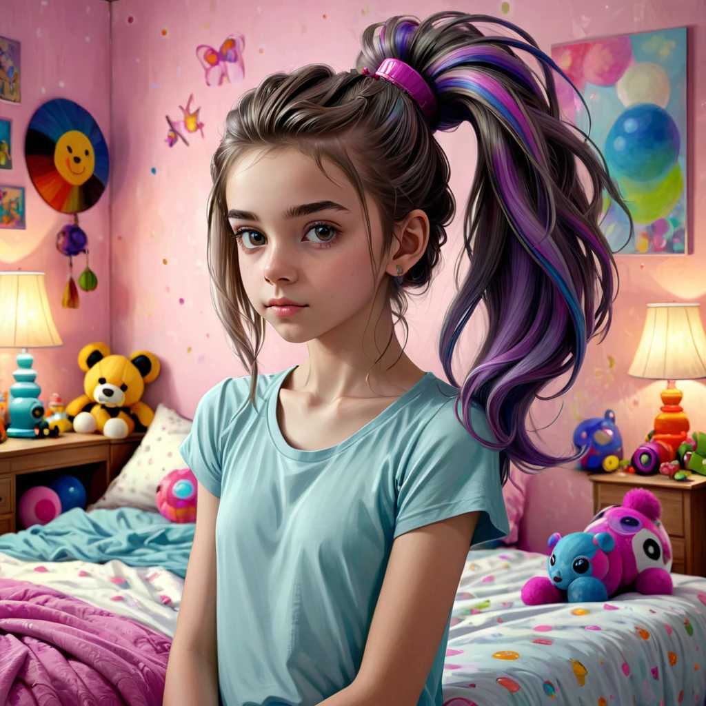 13 year old girl in her bedroom, with big toys ,skinny, slim, strange, Gentle, hair decoration , very detailed realistic texture, digital painting, very detailed photo