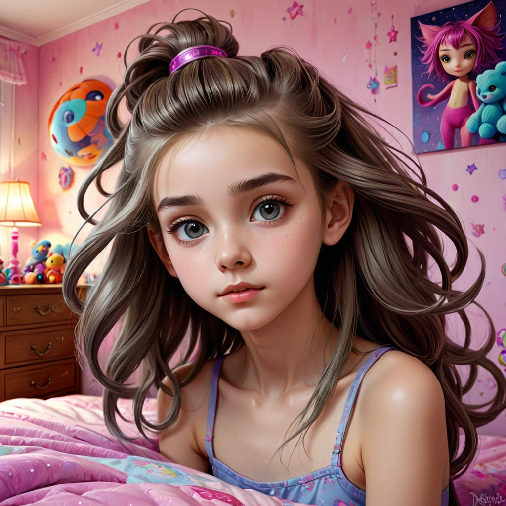 13 year old girl in her bedroom, with big toys ,skinny, slim, strange, Gentle, hair decoration , very detailed realistic texture, digital painting, very detailed photo