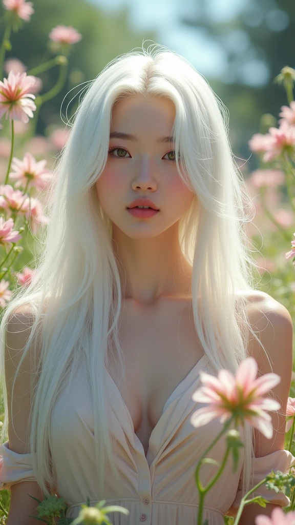Long-haired, white-haired Korean woman, beautiful face showing her cleavage, (full body:1.2) , wearing casual clothes in a flower garden. Surrealistic style, pastel tones, mid shot, dramatic lighting.